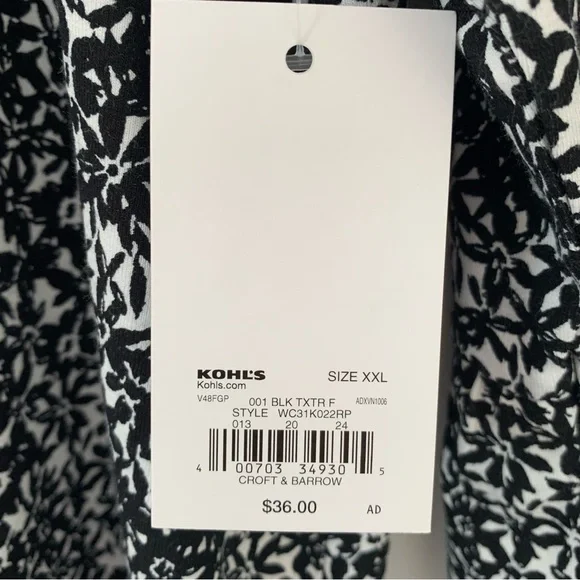 CROFT & BARROW Women’s Blk/Wht. Floral Blouse Scoop/V/Tie‎ Bell Sleeve XXL NWT! - Picture 4 of 7
